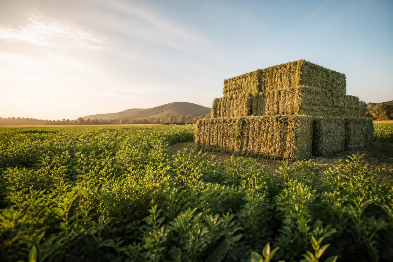 Campo chileno de alfalfa y fardos al atardecer.